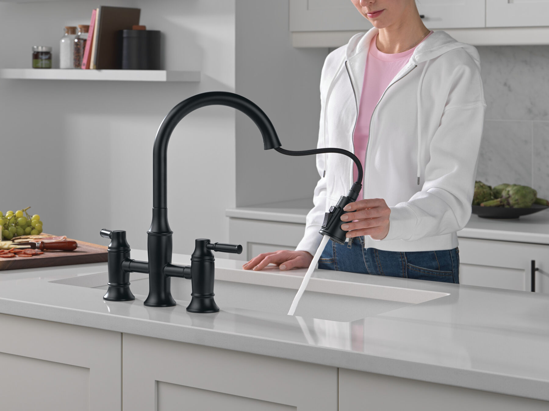 Two Handle Pull-Down Bridge Kitchen Faucet