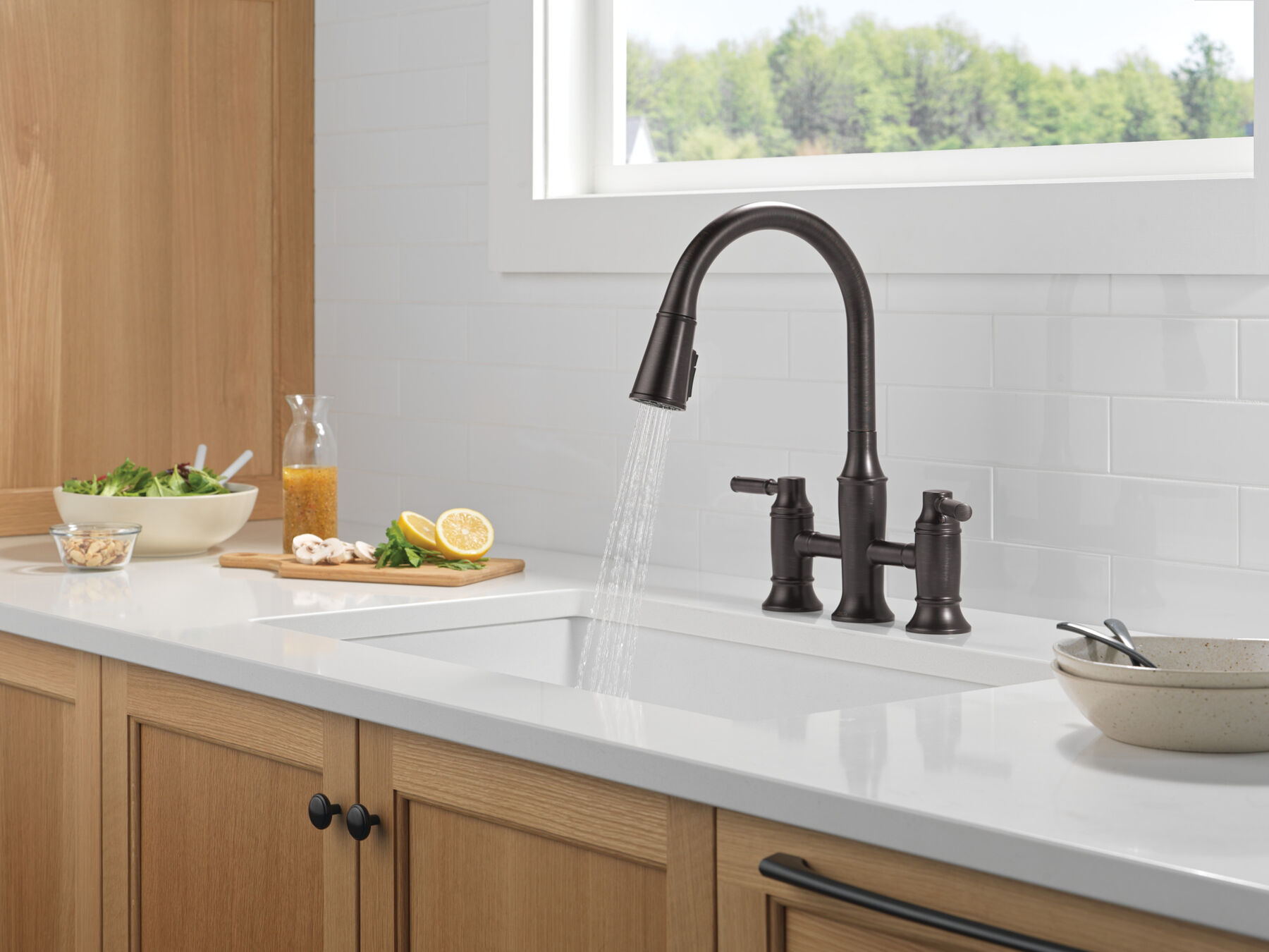 Two Handle Pull-Down Bridge Kitchen Faucet