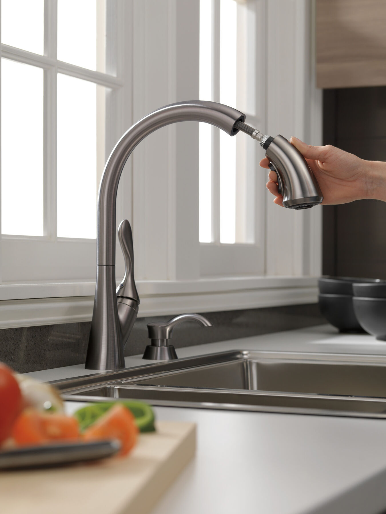 Single Handle Pull-Down Kitchen Faucet with Soap Dispenser and ShieldSpray&reg; Technology