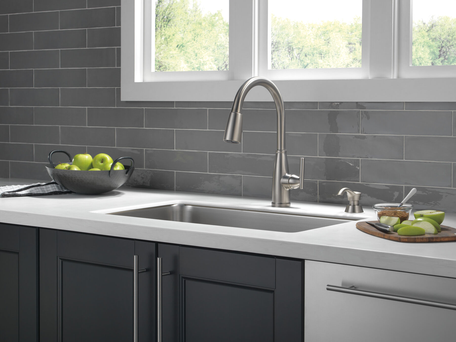 Single Handle Pull-Down Kitchen Faucet with Soap Dispenser and ShieldSpray Technology