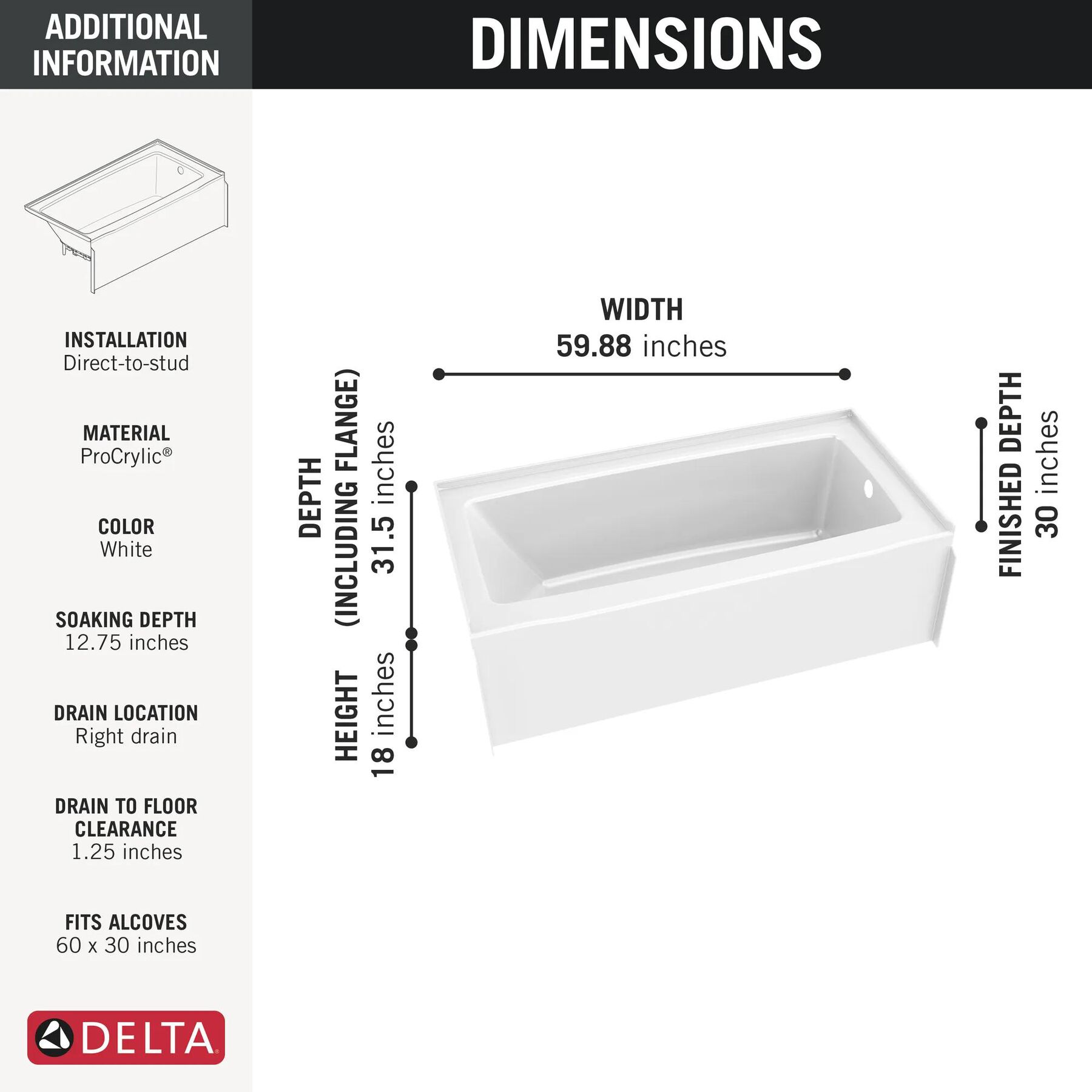Classic 500 Bathtub 60"x30" Left Drain
