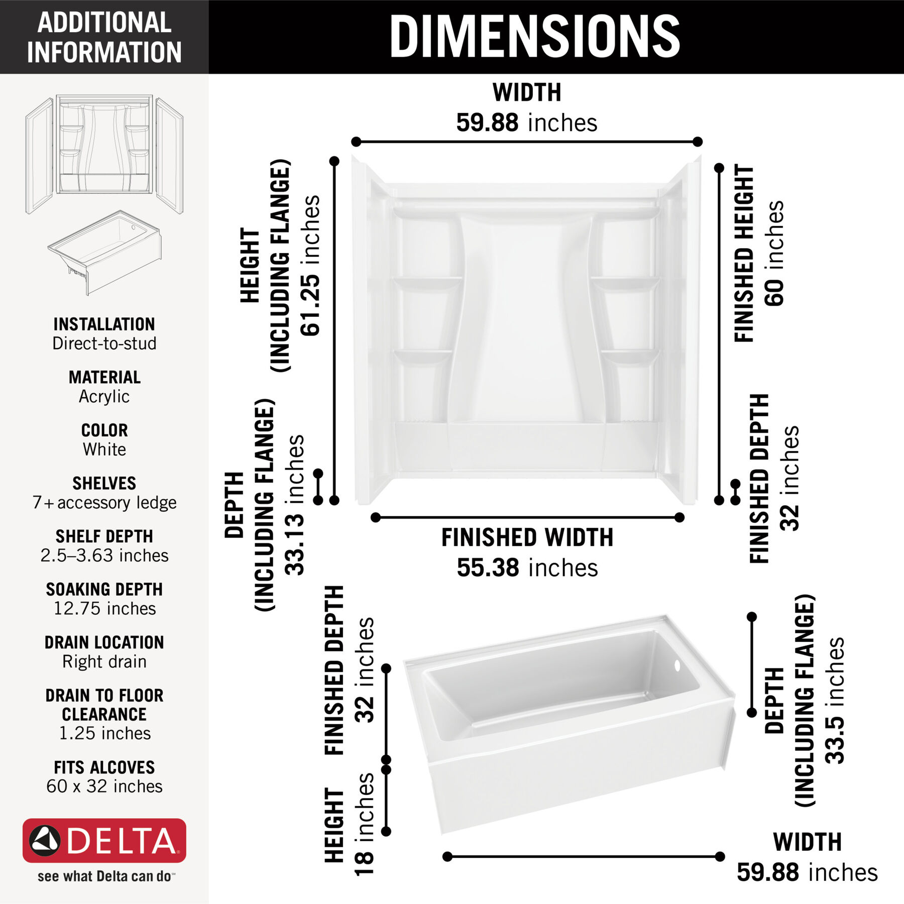 60x32 Alcove Bathtub Bundle - Right