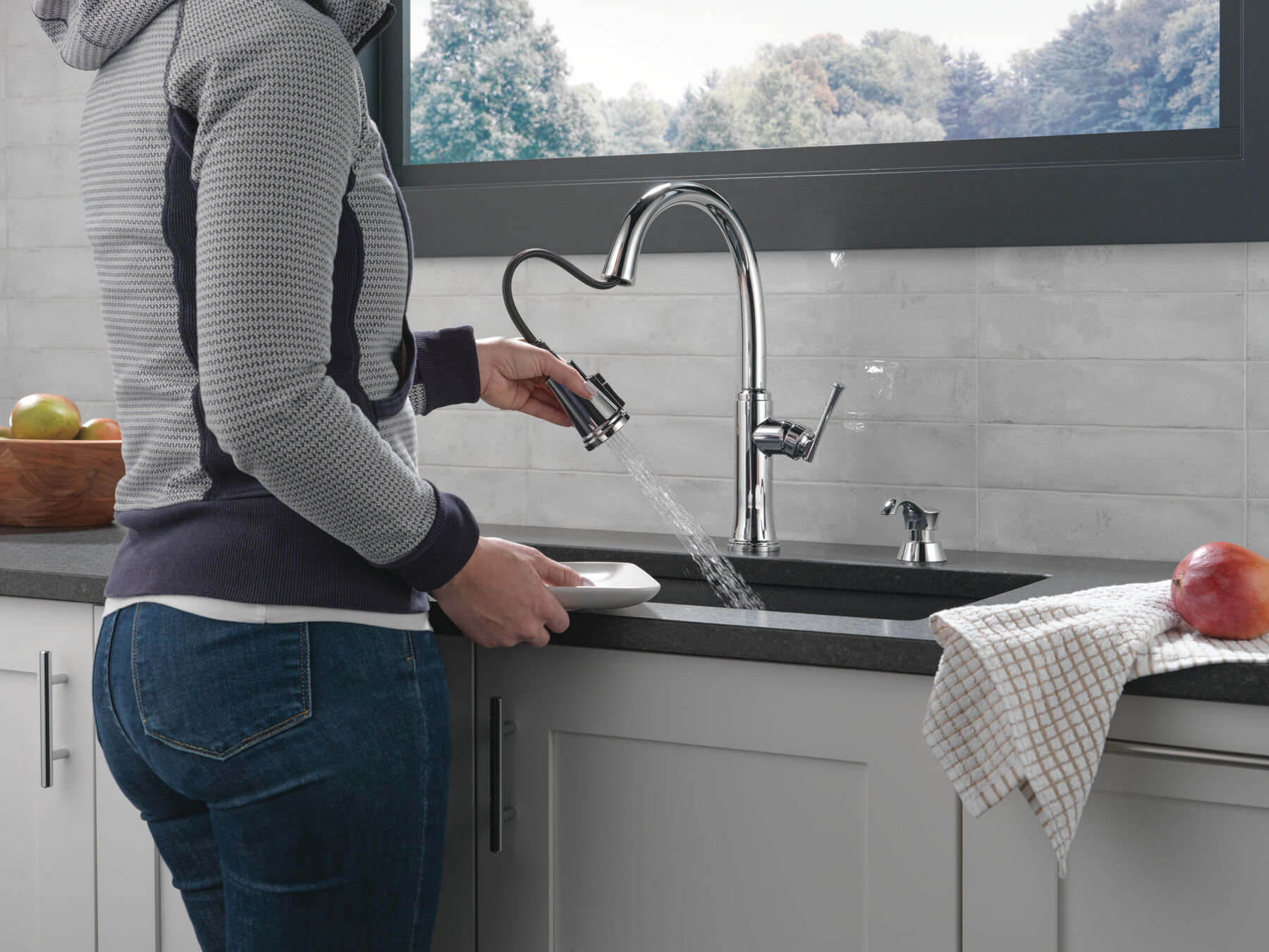 Single Handle Pull-Down Kitchen Faucet with Soap Dispenser and ShieldSpray Technology