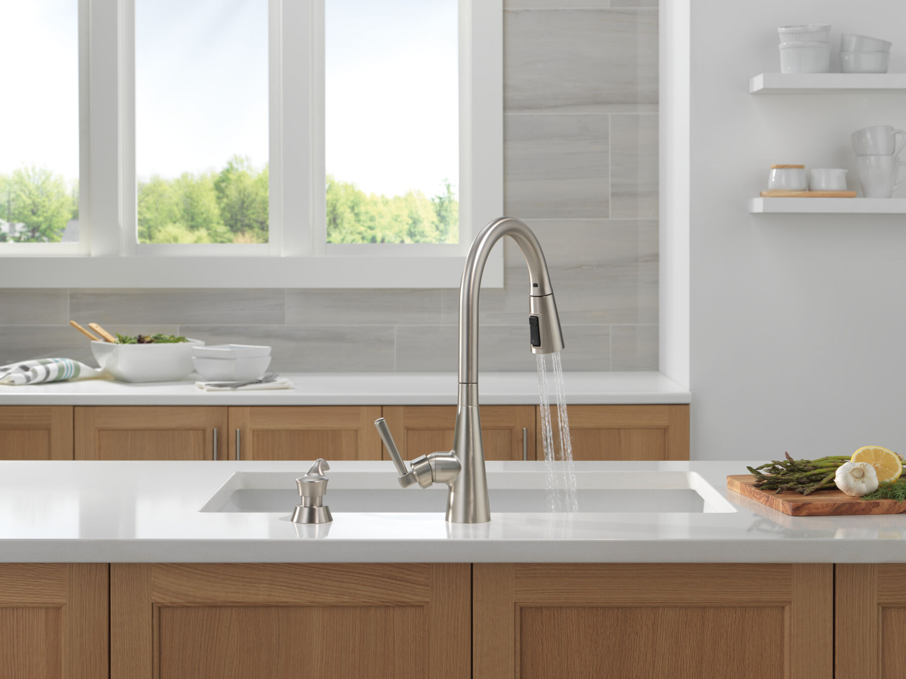 Single Handle Pull-Down Kitchen Faucet with Soap Dispenser and ShieldSpray Technology
