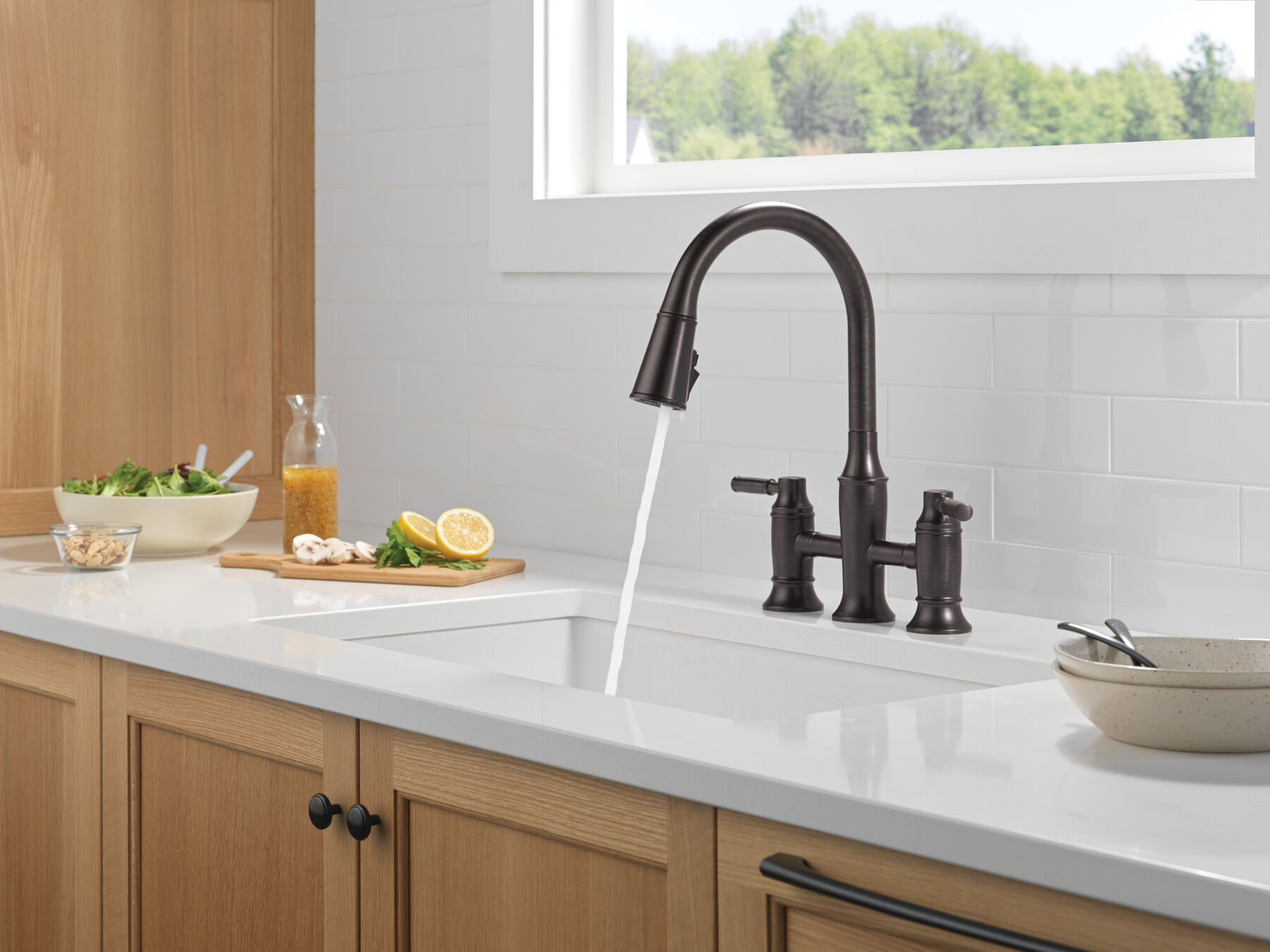 Two Handle Pull-Down Bridge Kitchen Faucet