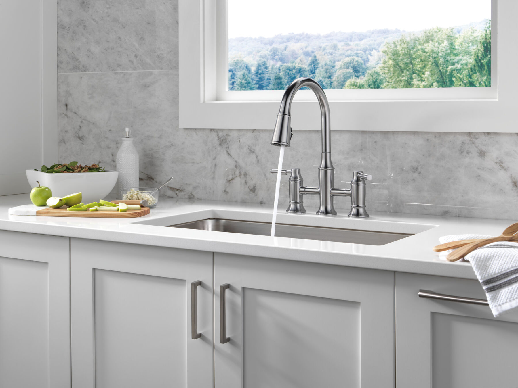 Two Handle Pull-Down Bridge Kitchen Faucet