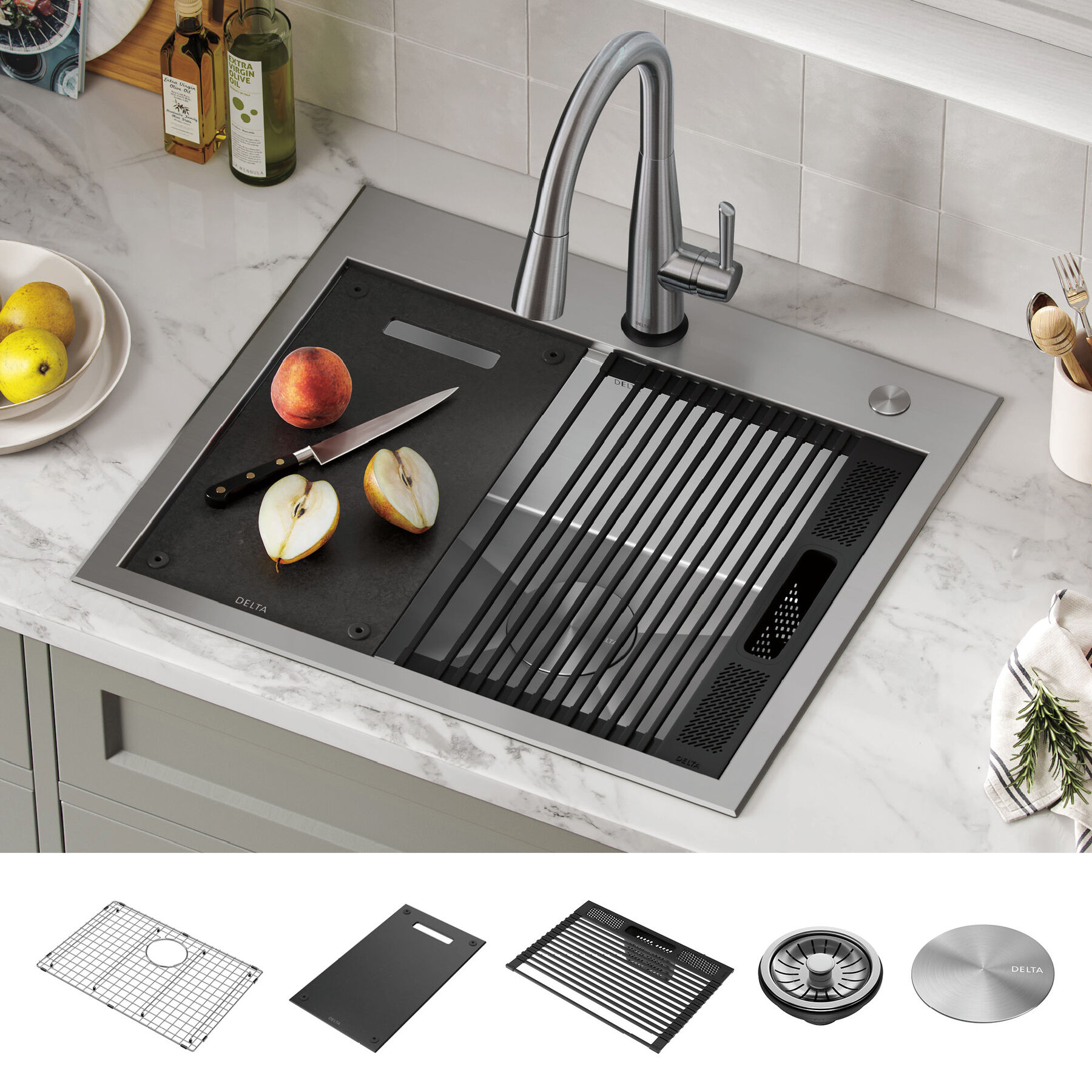 25&rdquo; Workstation Kitchen Sink&nbsp;Drop-In Top Mount&nbsp;16 Gauge&nbsp;Stainless Steel Single Bowl with&nbsp;WorkFlow&trade; Ledge&nbsp;and Accessories