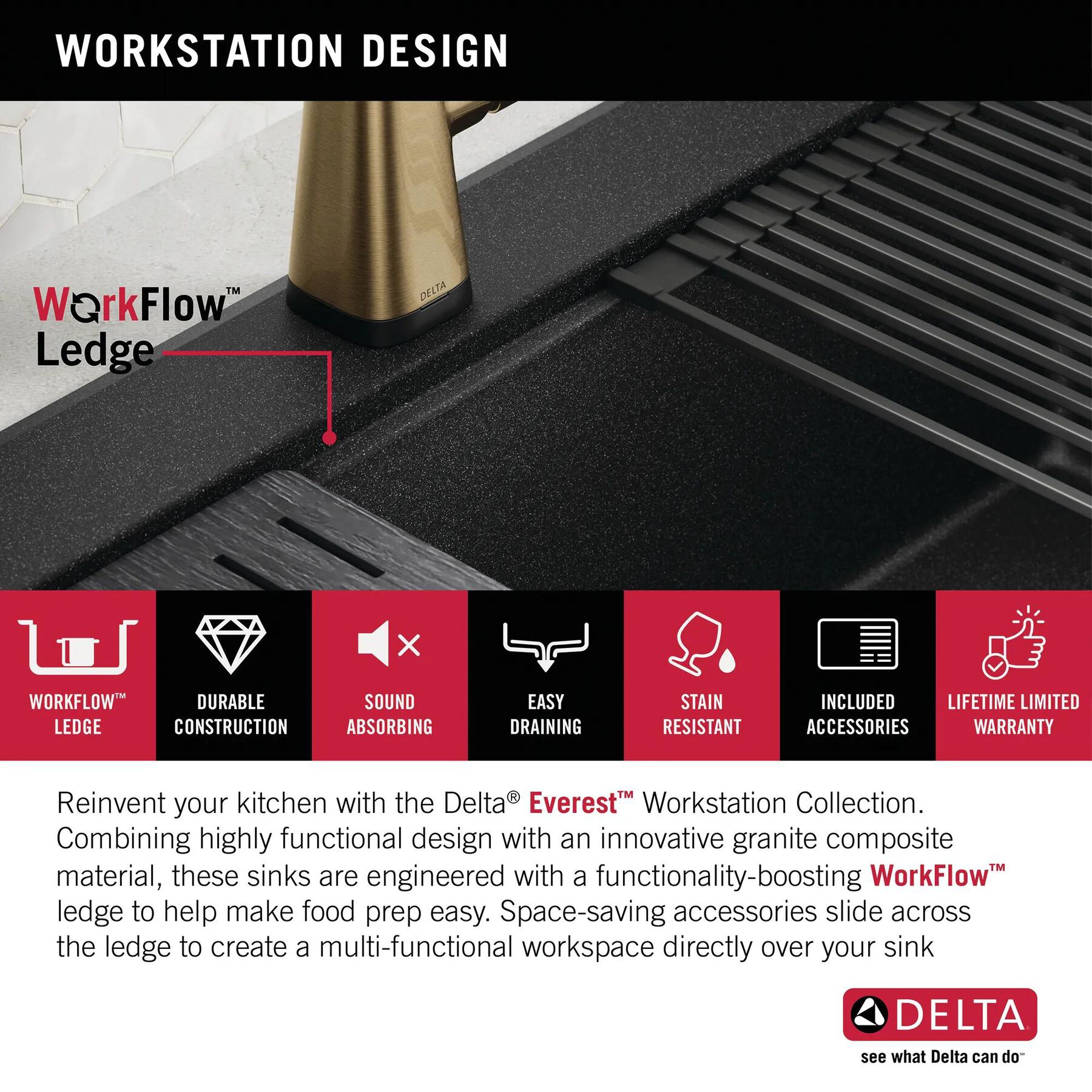 33&rdquo;&nbsp;Granite Composite&nbsp;Workstation Kitchen Sink&nbsp;Drop-In&nbsp;Top Mount&nbsp;Single Bowl with&nbsp;WorkFlow&trade; Ledge and Accessories