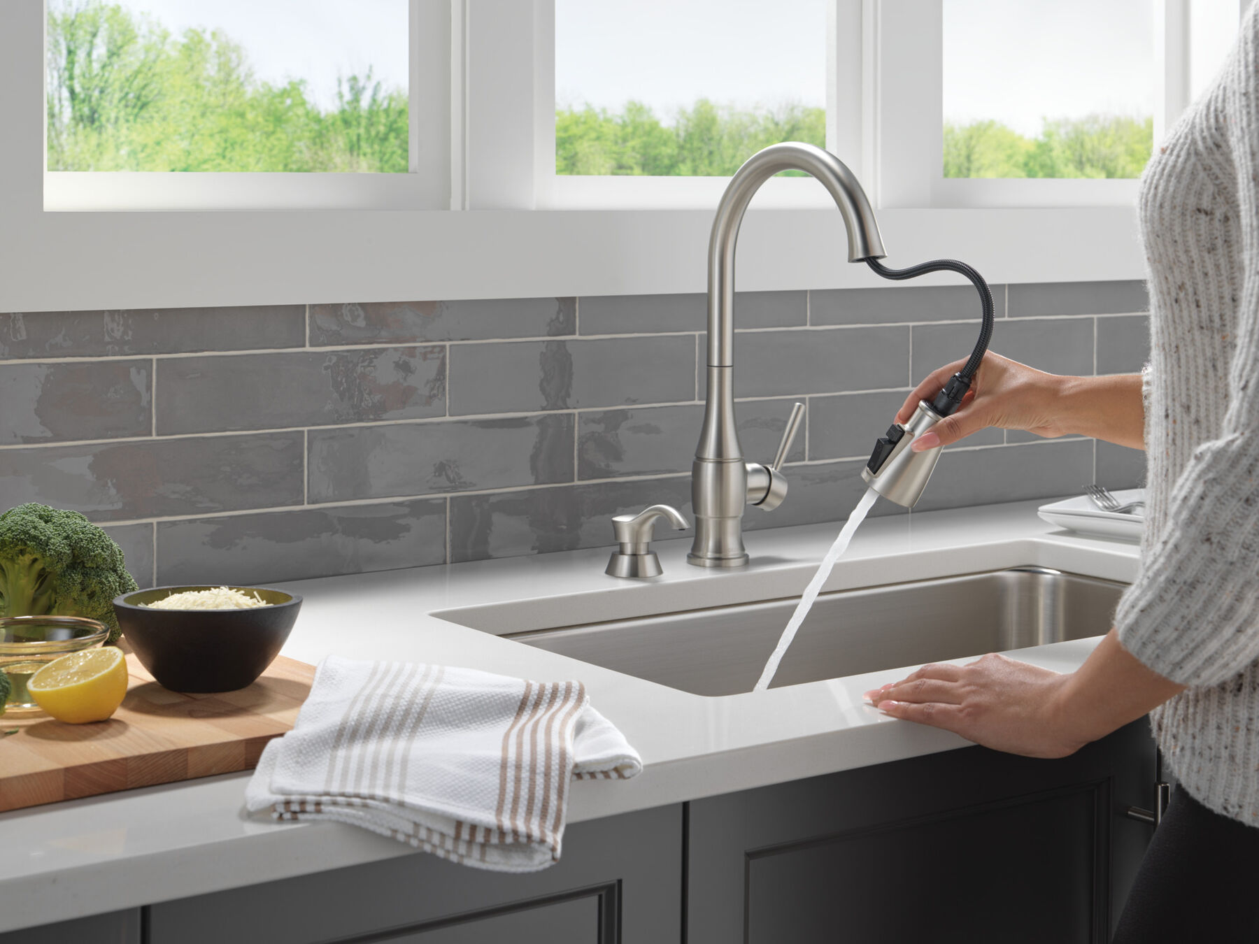Single Handle Pull-Down Kitchen Faucet with Soap Dispenser and ShieldSpray Technology