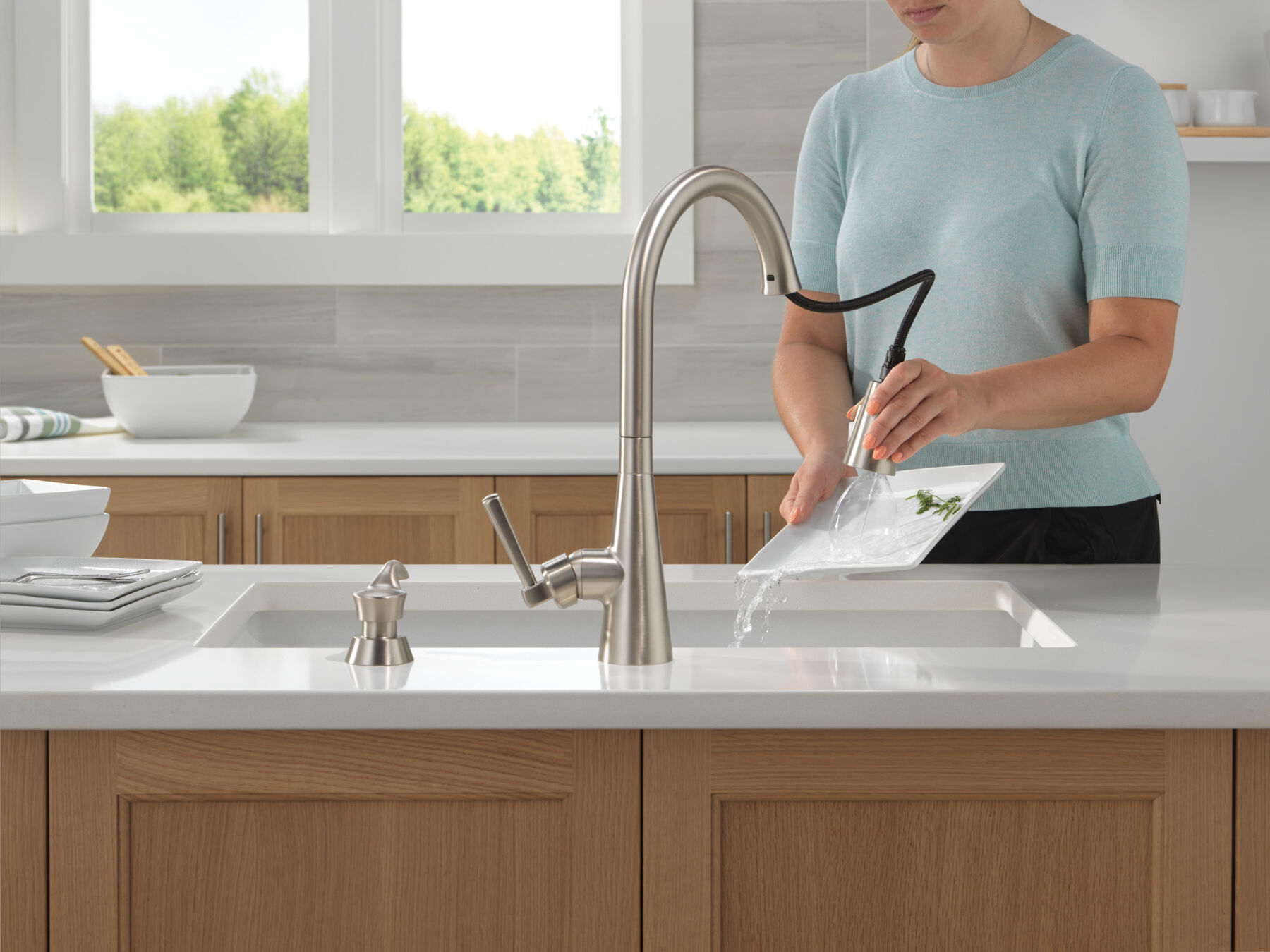 Single Handle Pull-Down Kitchen Faucet with Soap Dispenser and ShieldSpray Technology
