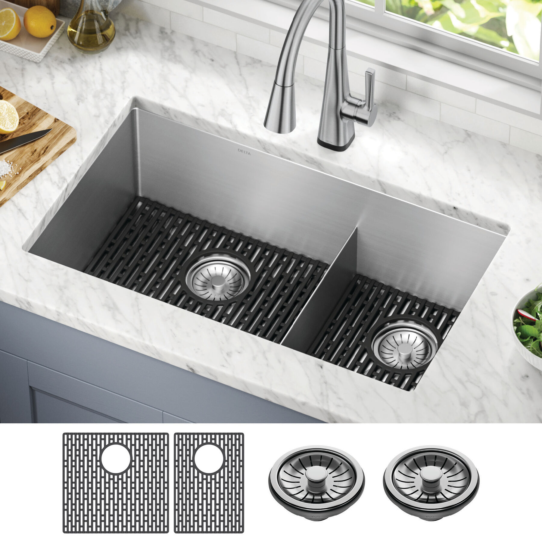 32&rdquo; Undermount Stainless Steel Double Bowl Kitchen Sink with Accessories