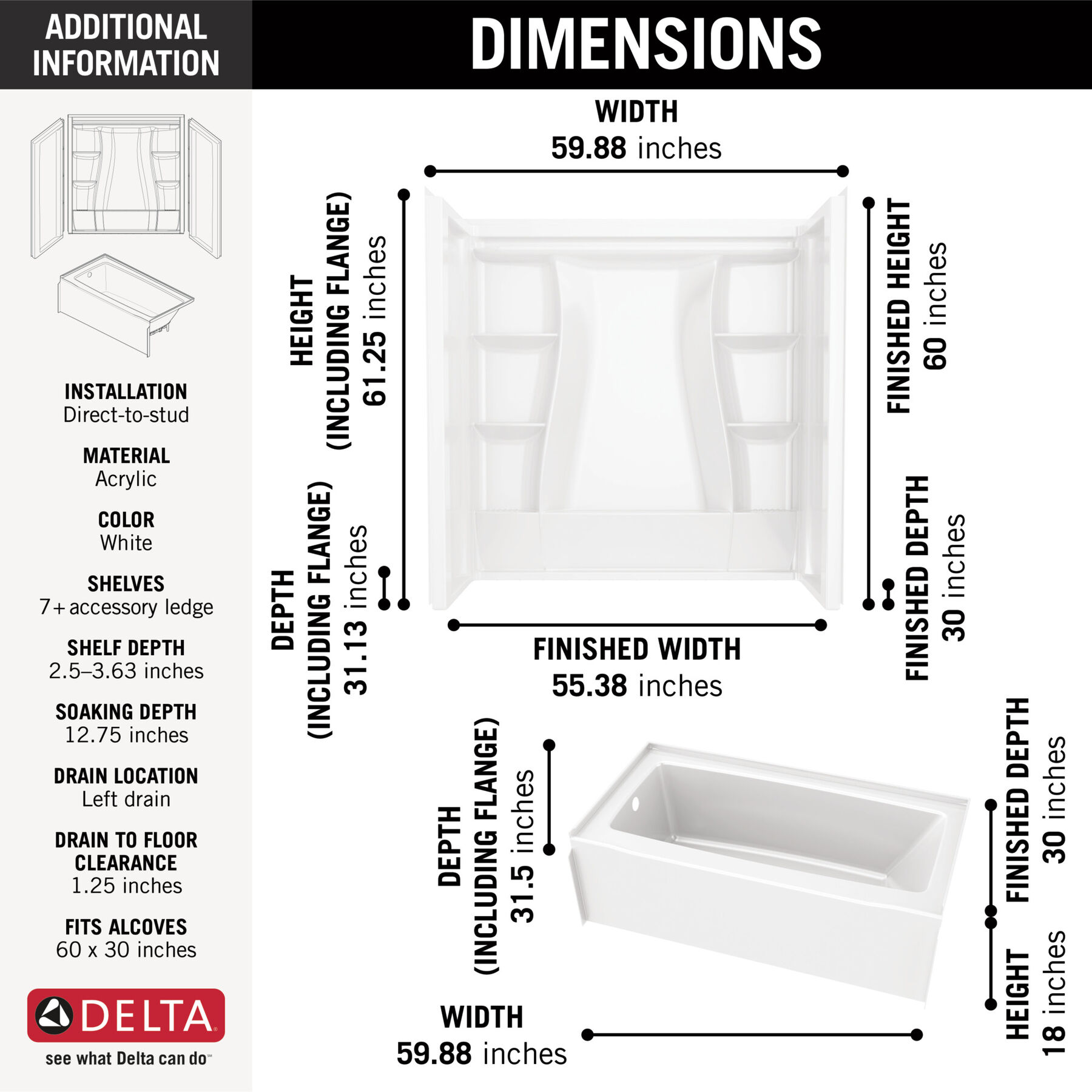 60x30 Alcove Bathtub Bundle - Left