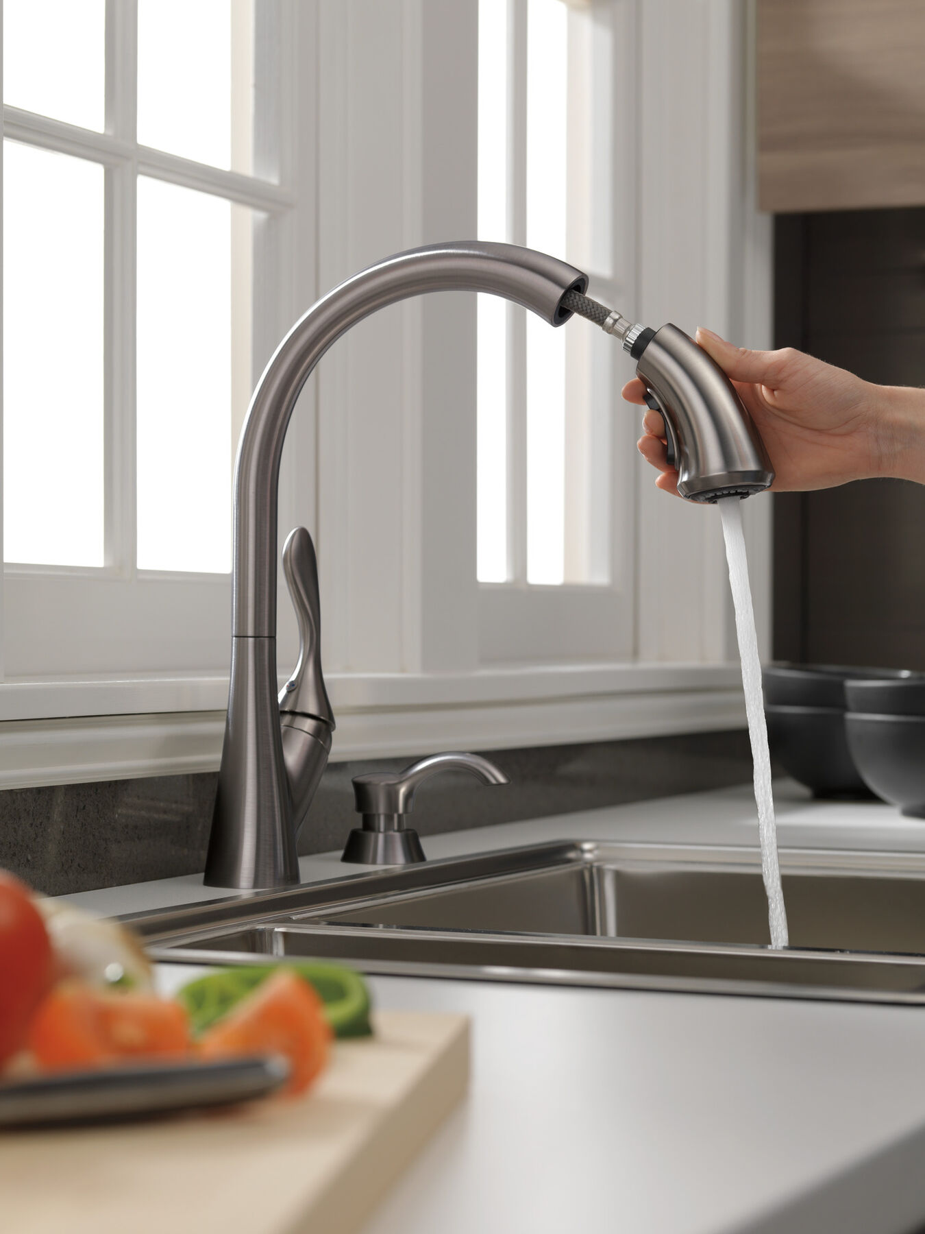 Single Handle Pull-Down Kitchen Faucet with Soap Dispenser and ShieldSpray&reg; Technology