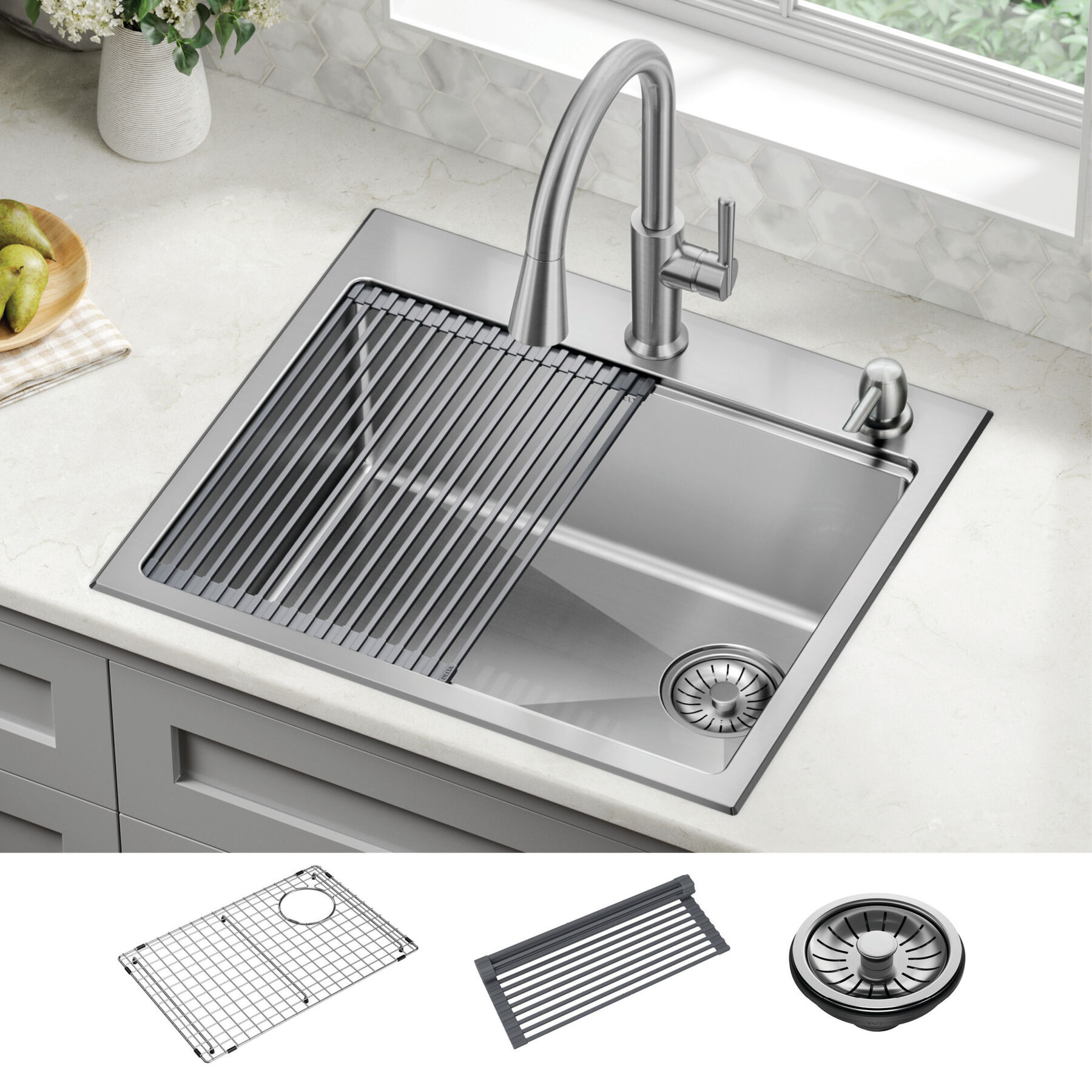 25&rdquo; Stainless Steel Workstation Kitchen Sink Drop-In Undermount Single Bowl with WorkFlow&trade; Ledge and Accessories