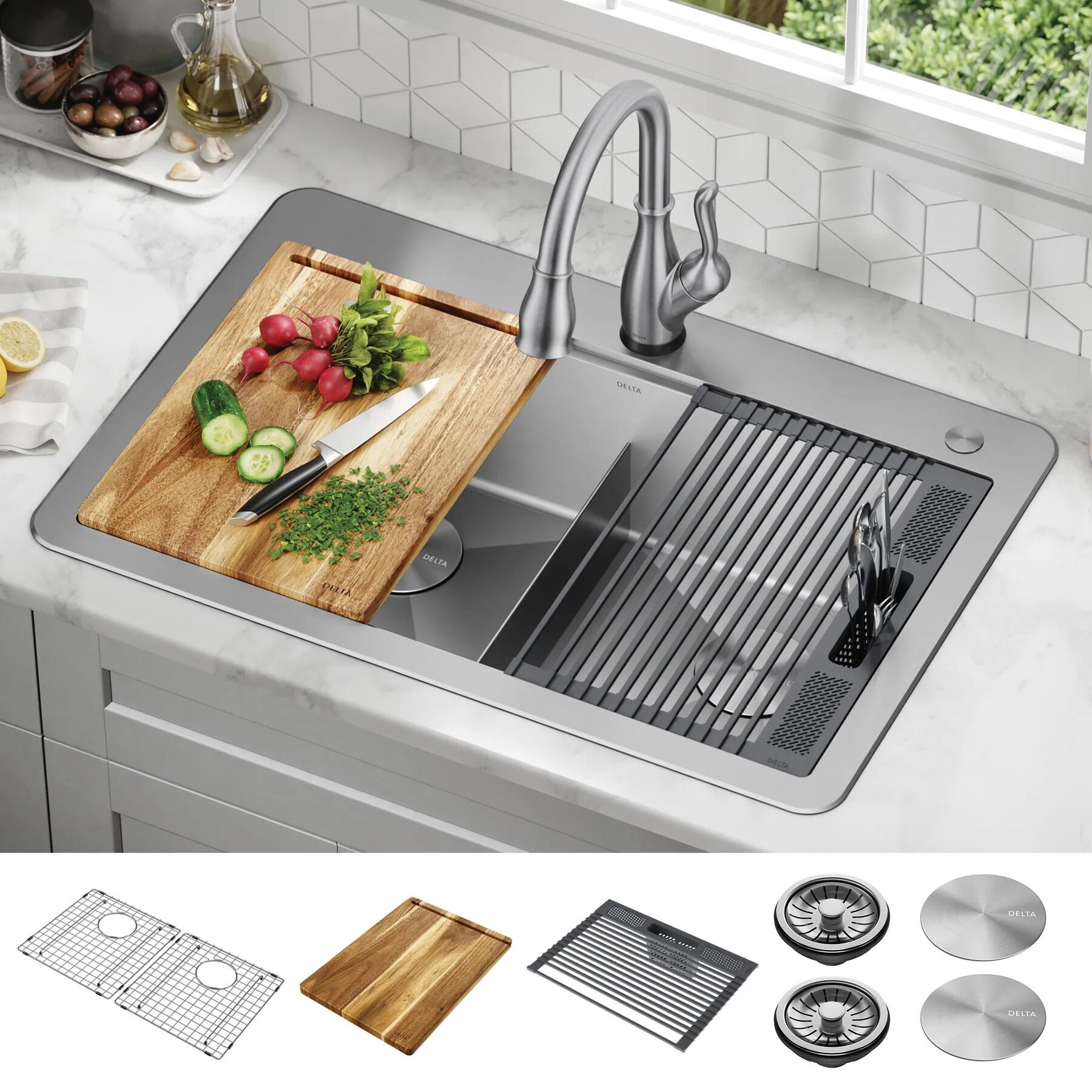 33&rdquo; Workstation&nbsp;Drop-In Top Mount&nbsp;Double&nbsp;Bowl&nbsp;16 Gauge Stainless Steel&nbsp;Kitchen Sink&nbsp;with&nbsp;WorkFlow&trade; Ledge and Accessories