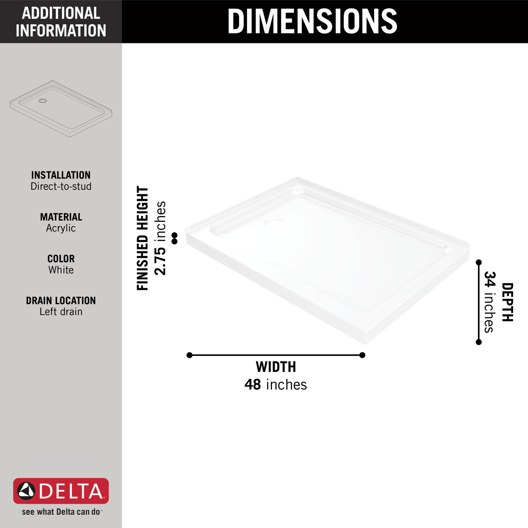 48&rdquo;x34&rdquo; Left Drain Corner Shower Base