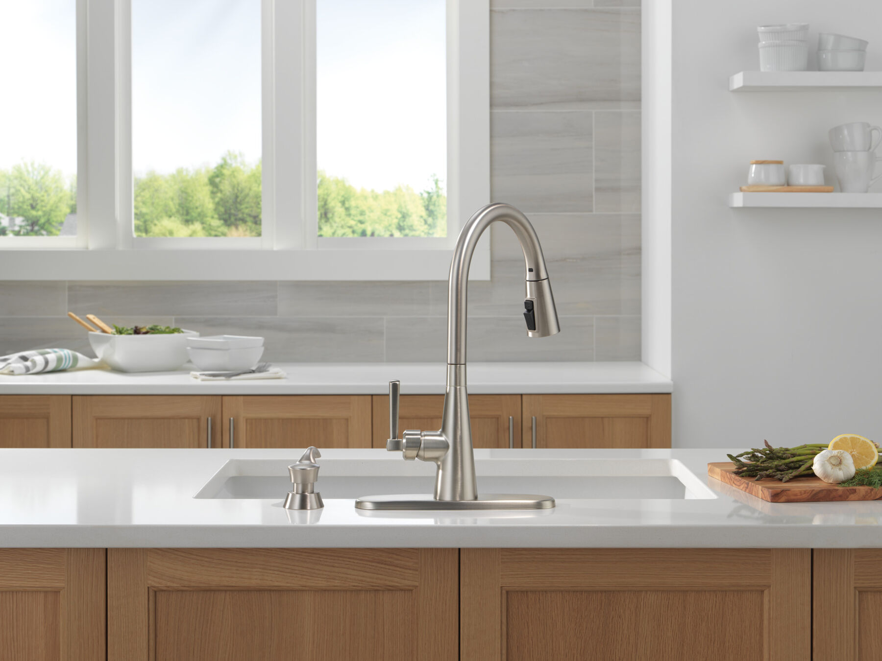 Single Handle Pull-Down Kitchen Faucet with Soap Dispenser and ShieldSpray Technology