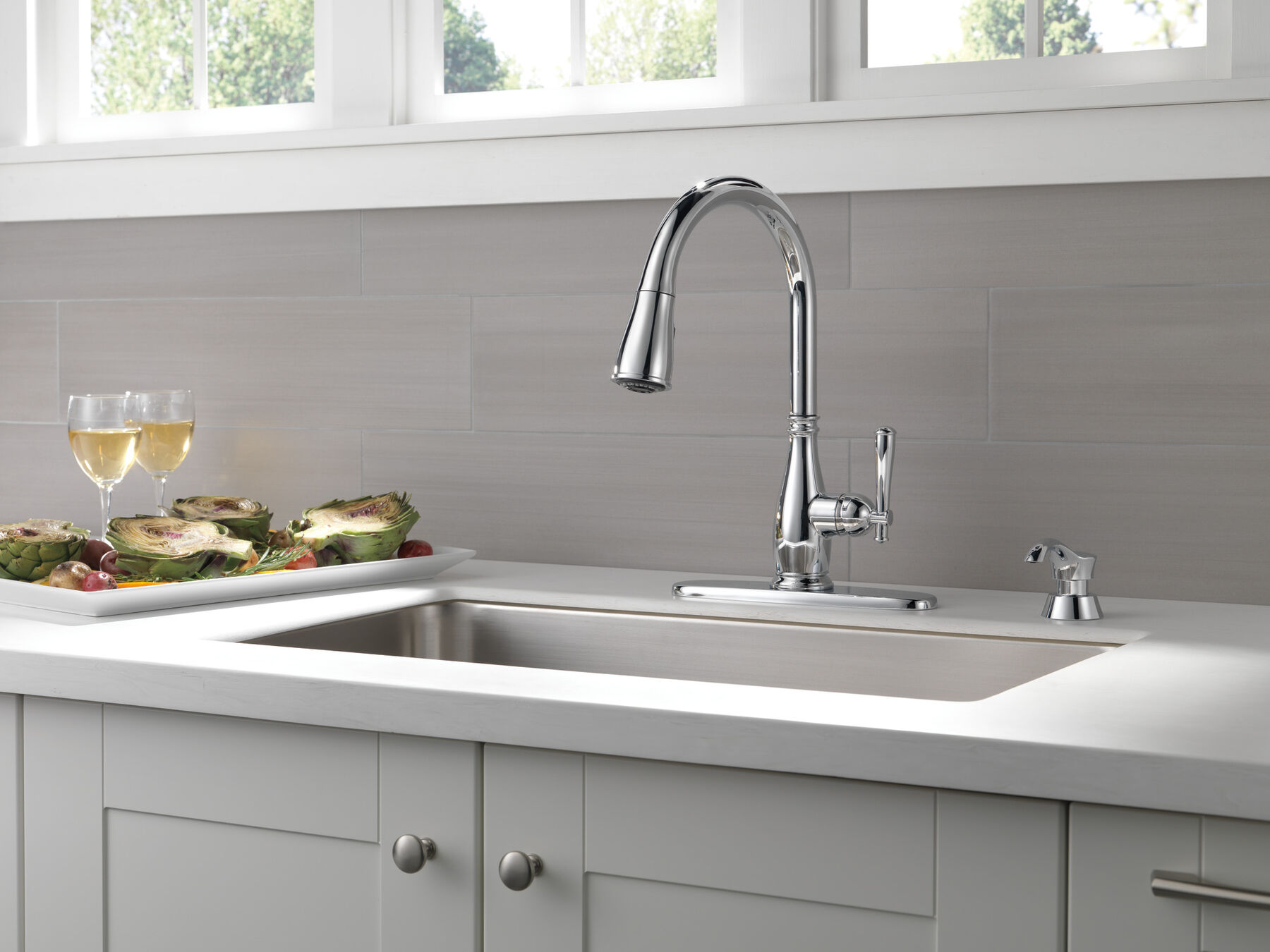 Single Handle Pull-Down Kitchen Faucet with Soap Dispenser and ShieldSpray