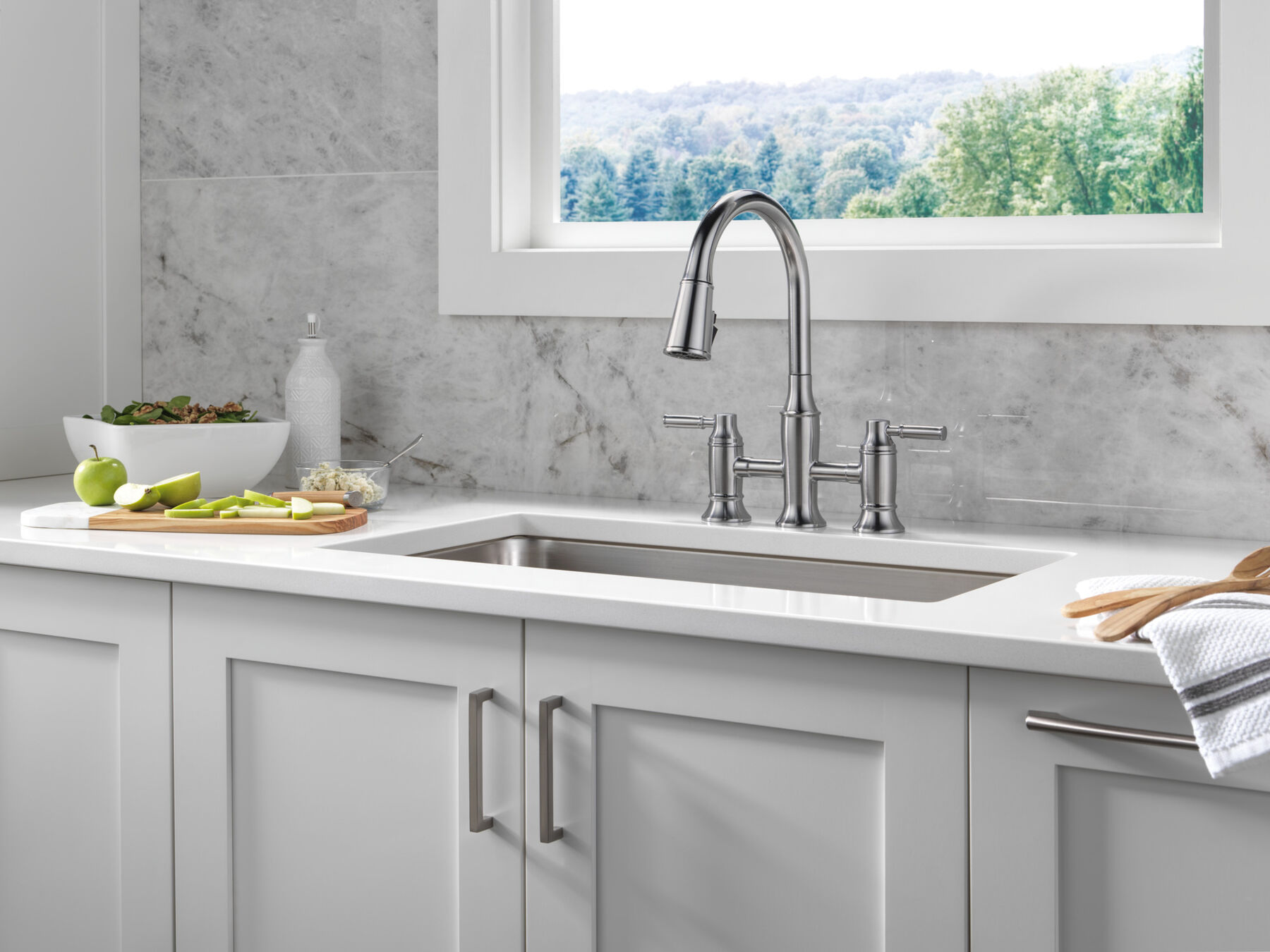 Two Handle Pull-Down Bridge Kitchen Faucet