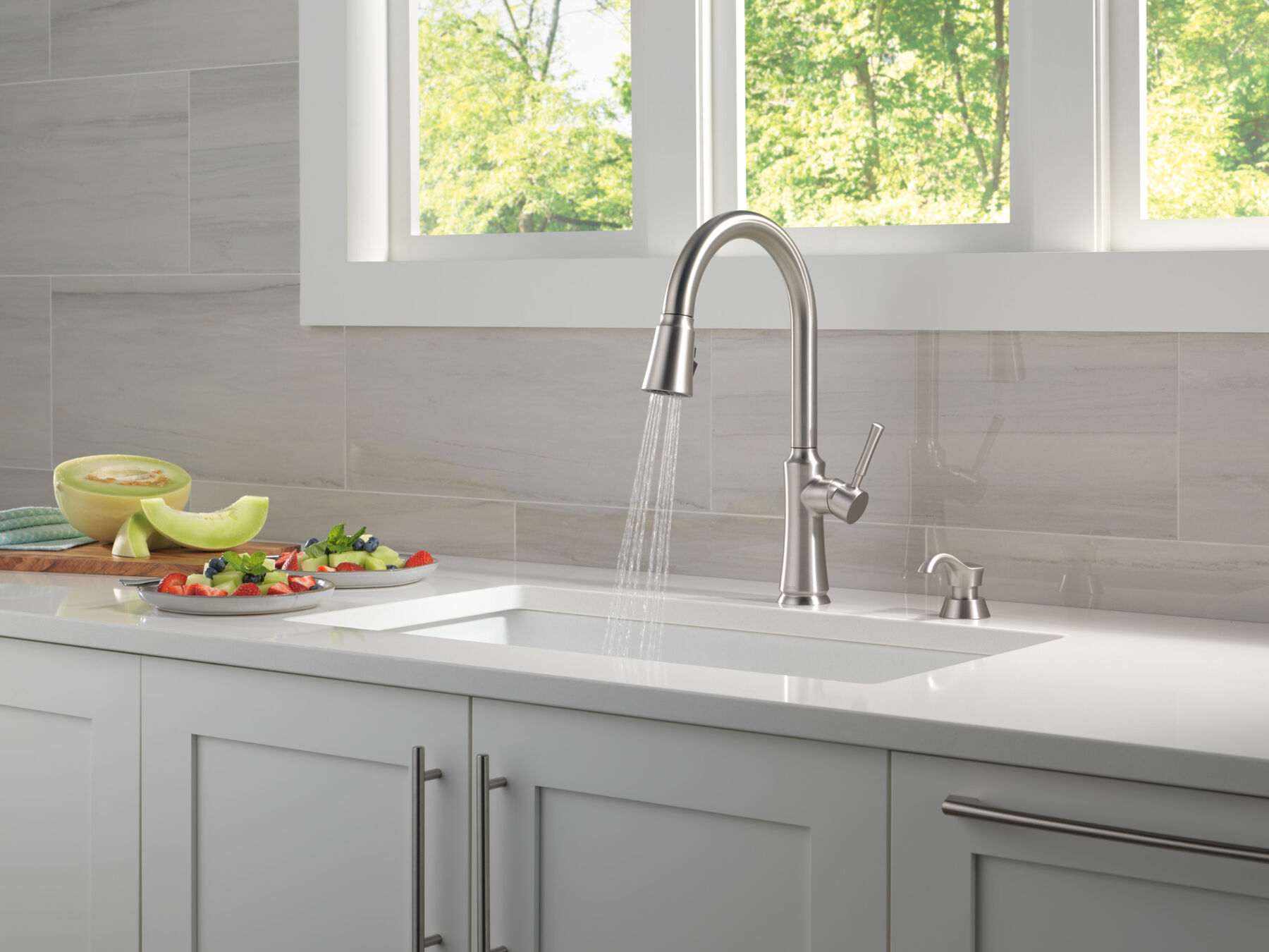 Single Handle Pull-Down Kitchen Faucet with Soap Dispenser and ShieldSpray Technology