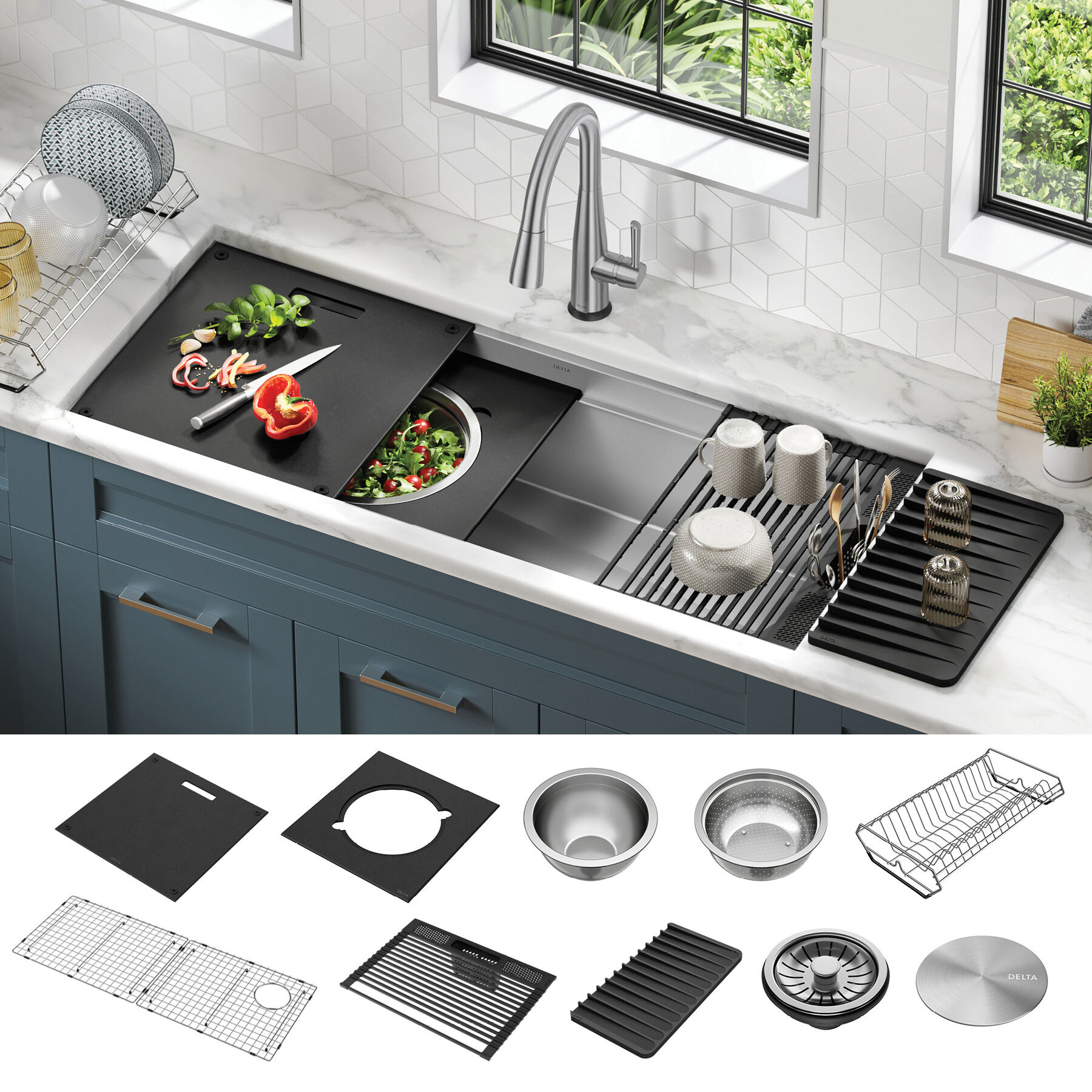 45&rdquo; Workstation Undermount Single Bowl 16 Gauge Stainless Steel Kitchen Sink with 2-Tier&nbsp;WorkFlow&trade; Ledge and Accessories