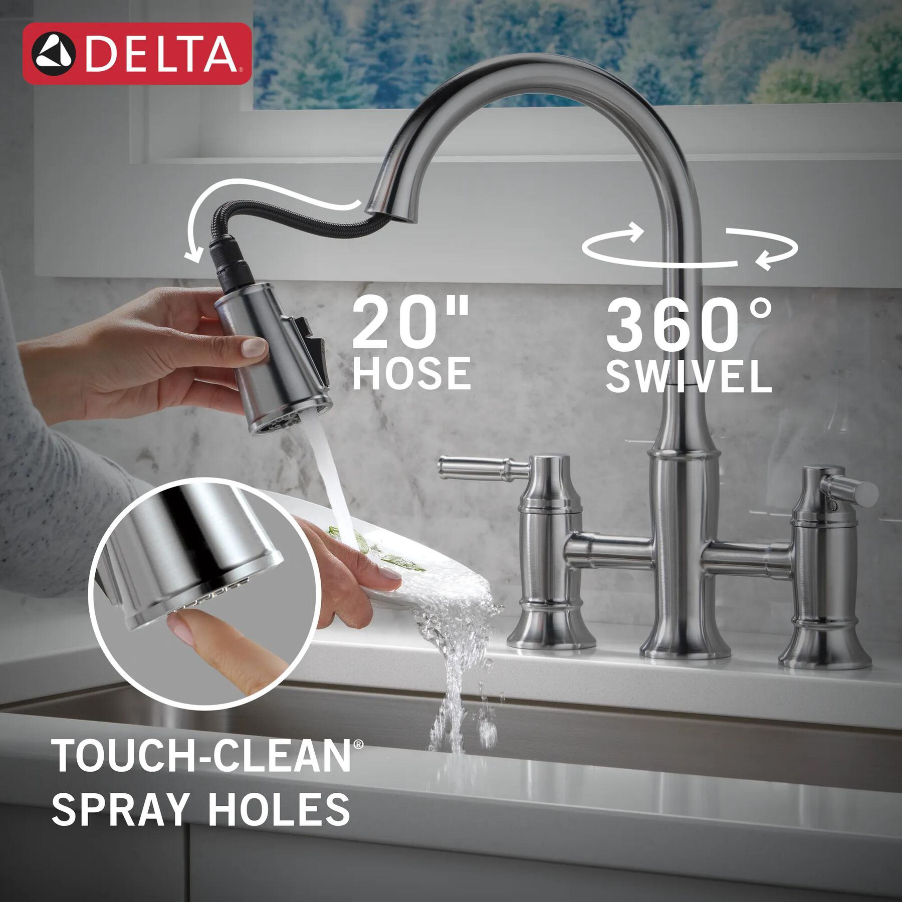 Two Handle Pull-Down Bridge Kitchen Faucet