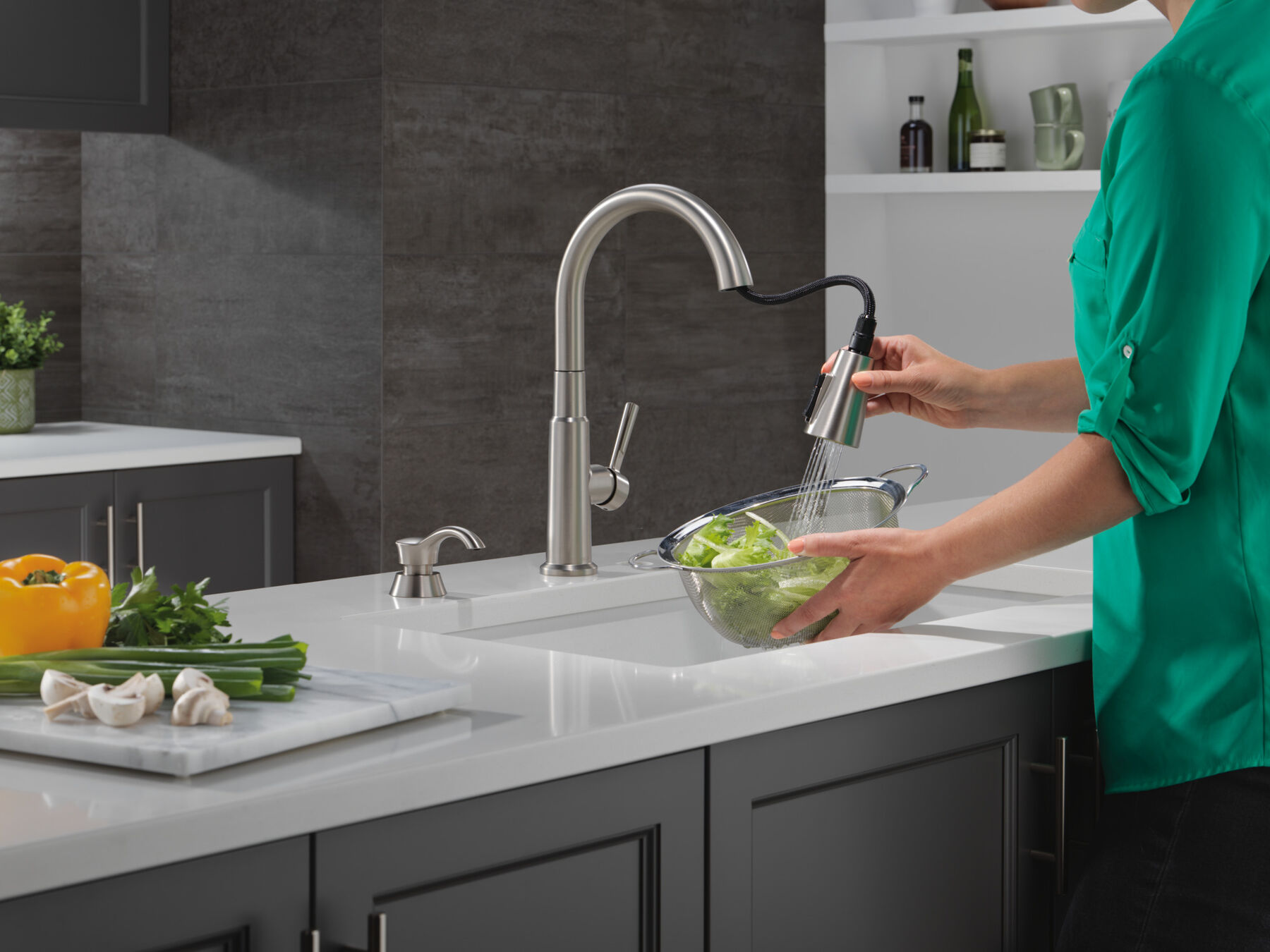 Single Handle Pull-Down Kitchen Faucet with Soap Dispenser and ShieldSpray&reg; Technology