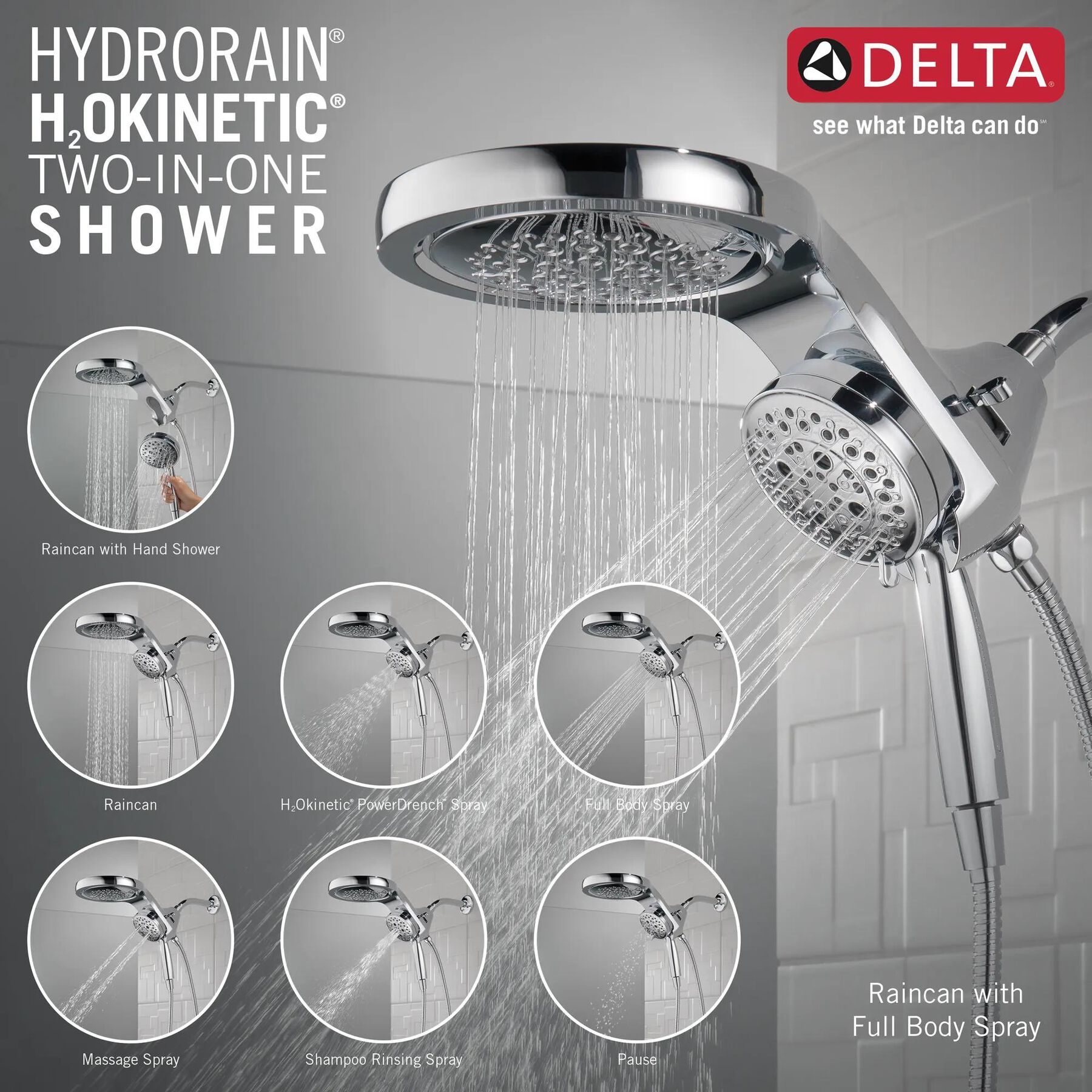 HydroRain&reg; H<sub>2</sub>Okinetic&reg; 5-Setting Two-in-One Shower Head