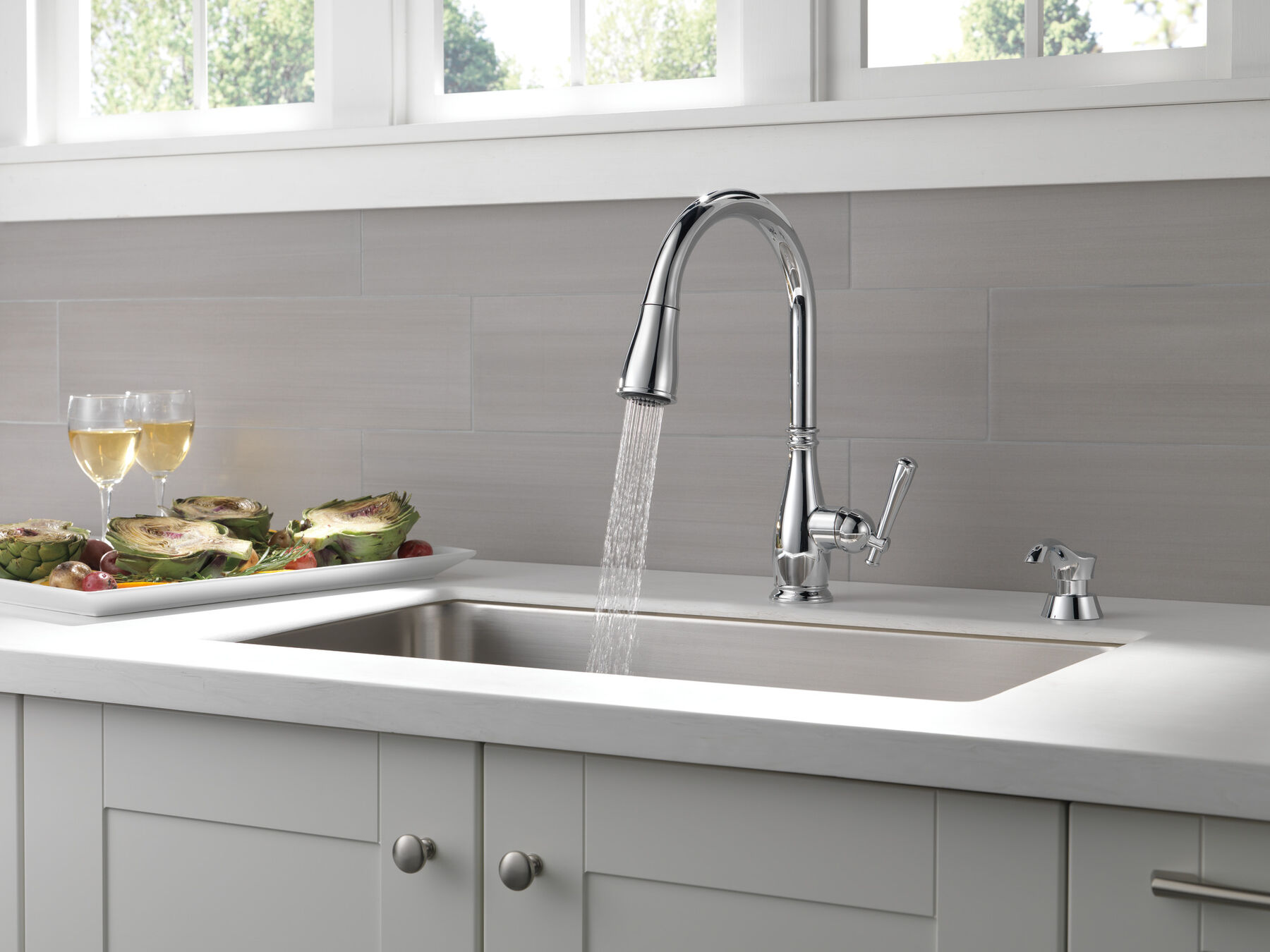 Single Handle Pull-Down Kitchen Faucet with Soap Dispenser and ShieldSpray