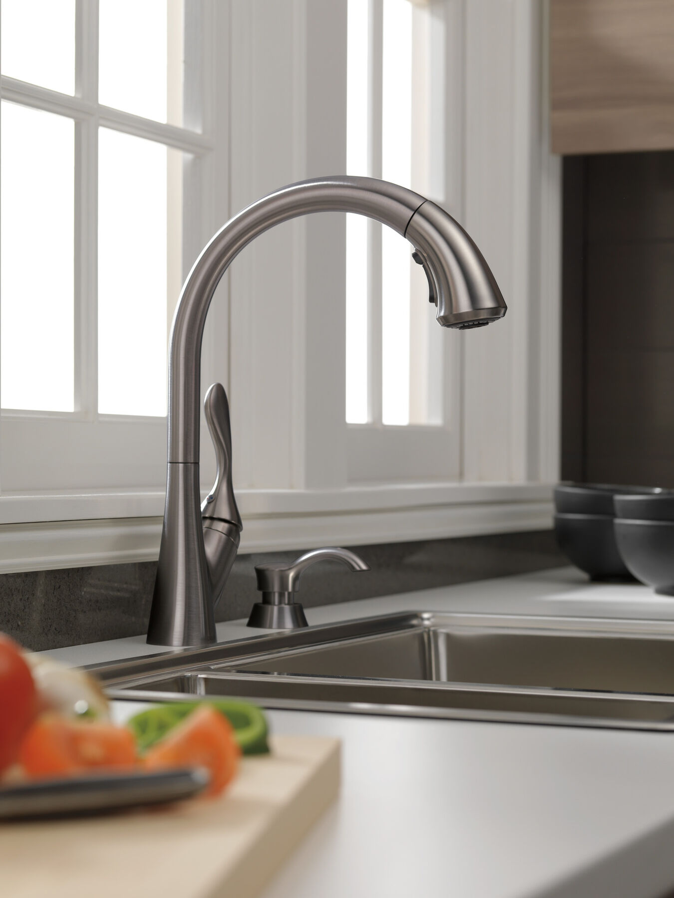 Single Handle Pull-Down Kitchen Faucet with Soap Dispenser and ShieldSpray&reg; Technology