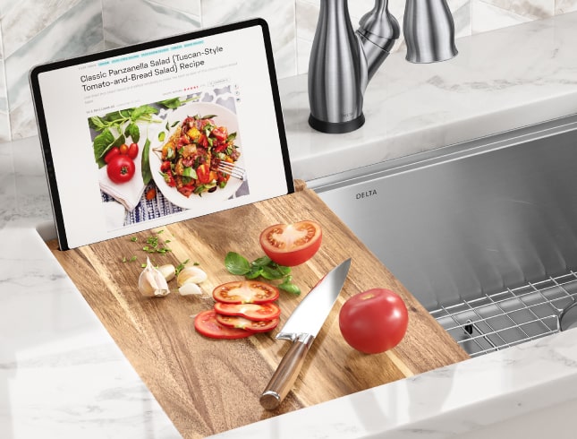 delta sink lorelai collection acacia cutting board