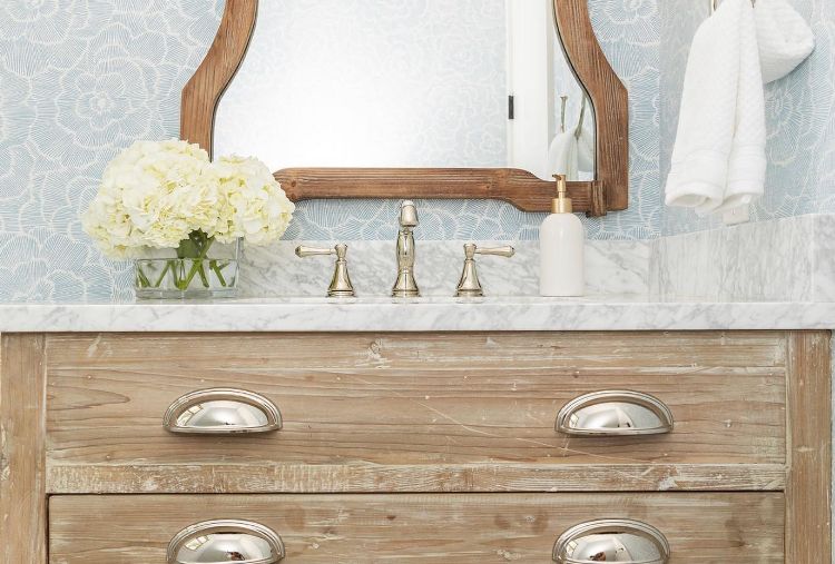 bathroom vanity with rustic cabinets