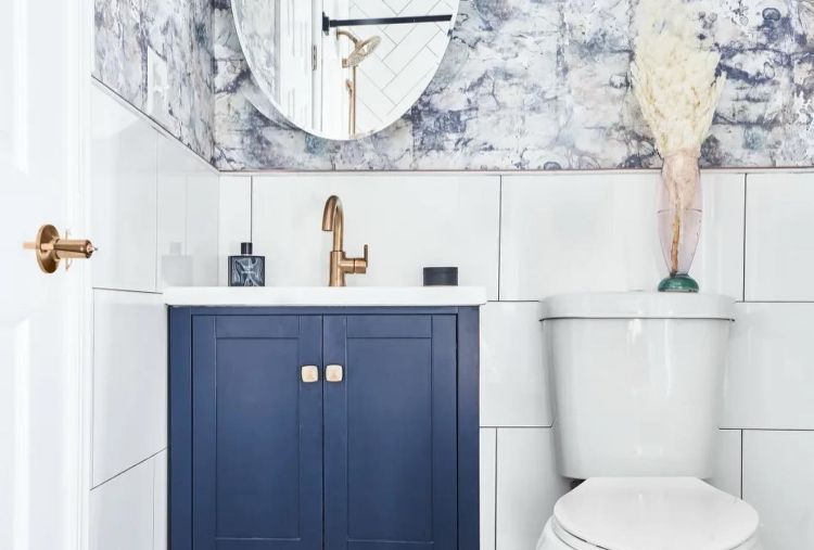 blue and white powder room