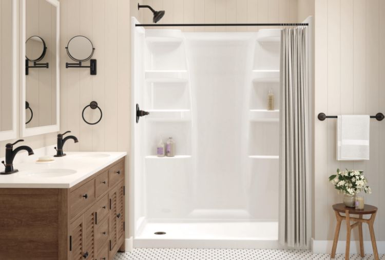 minimalist bathroom with acrylic alcove shower