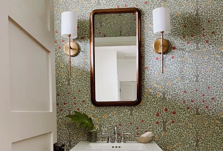 powder room with floral wallpaper