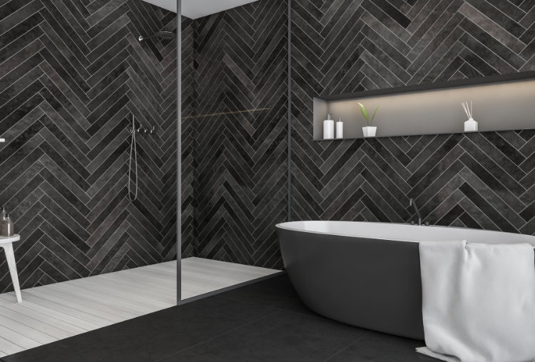 black herringbone bathroom tile