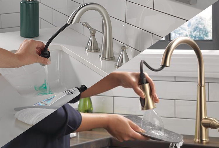 pull down bathroom faucet and shieldspray technology