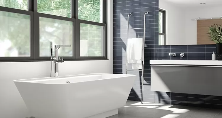 modern bathroom with light shining from a big window