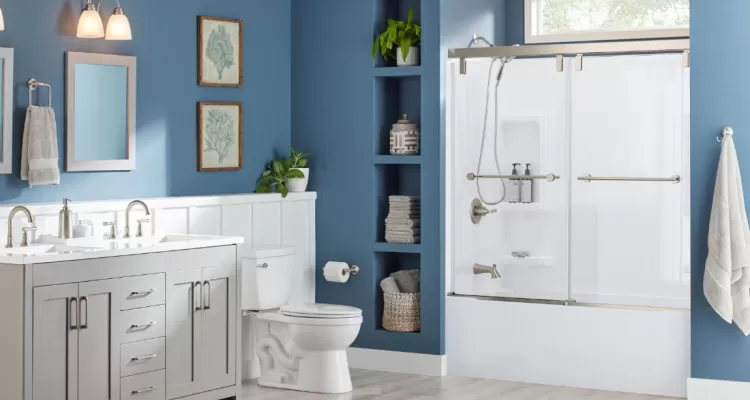 bright blue bathroom with acrylic shower