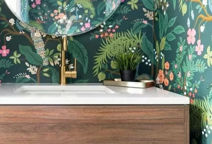 prettyputtogether's colorful wallpapered bathroom image